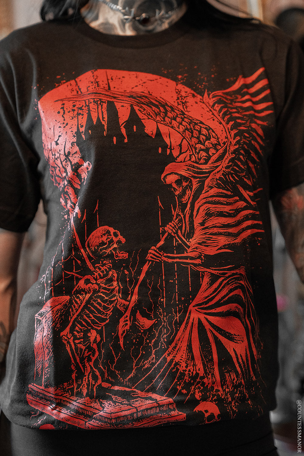 red and black gothic graveyard skeleton t-shirt