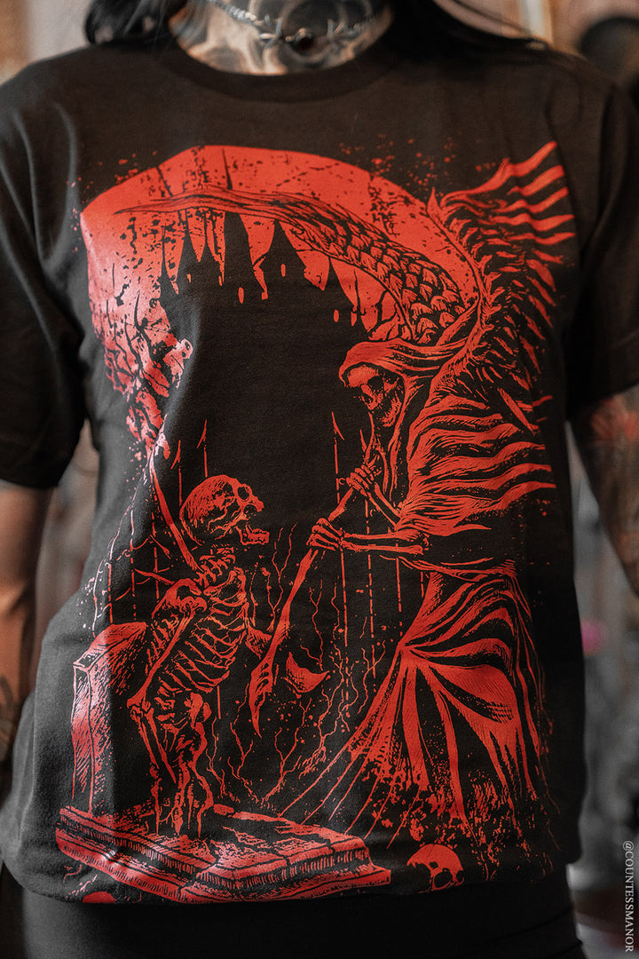 red and black gothic graveyard skeleton t-shirt