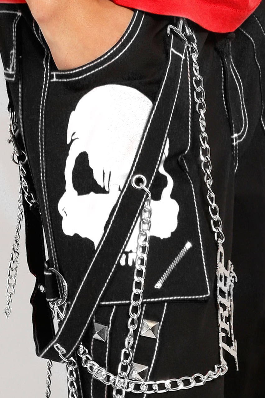 mens gothic cargo pants with printed skulls and chains
