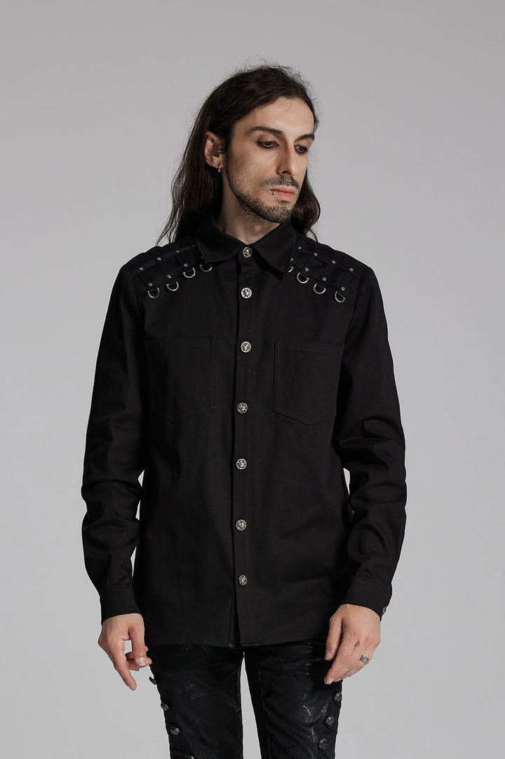 mens studded d-ring punk long sleeve buttoned up shirt