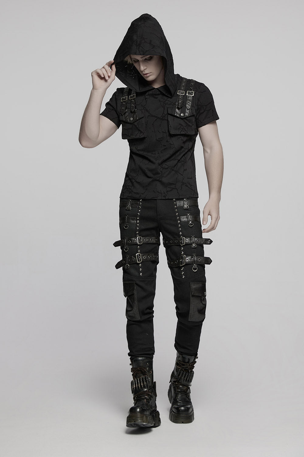 mens buckle straps studded punk pants