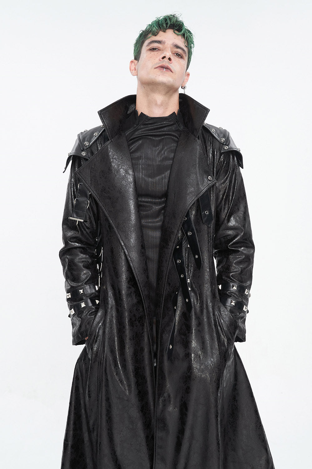 black mens vegan leather trenchcoat