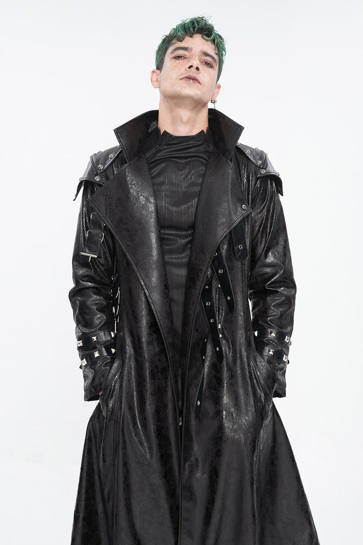 black mens vegan leather trenchcoat
