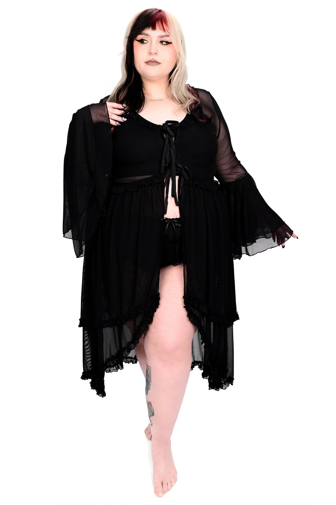 flared sleeve mesh duster