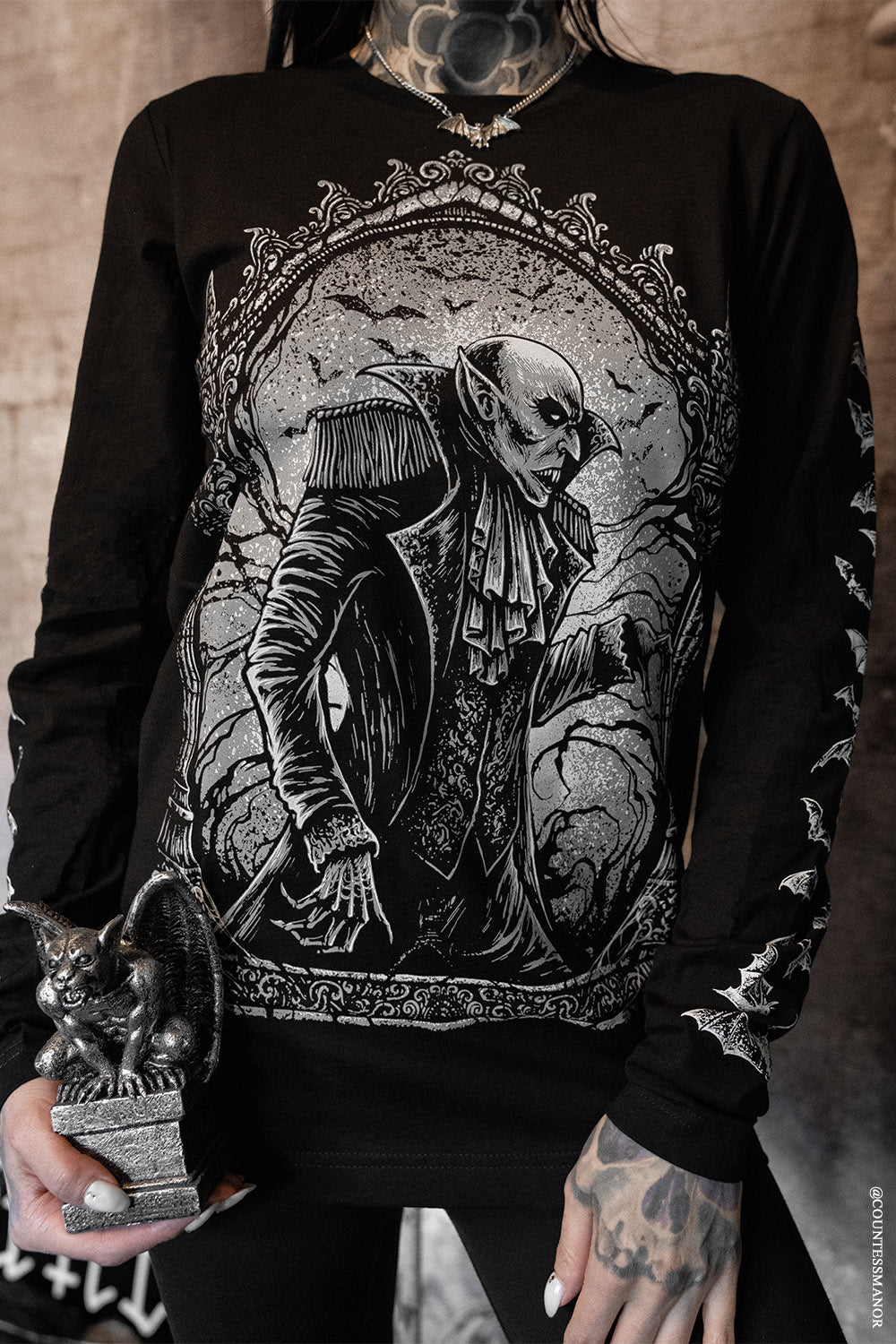 vampire gothic long sleeve shirt with bat print