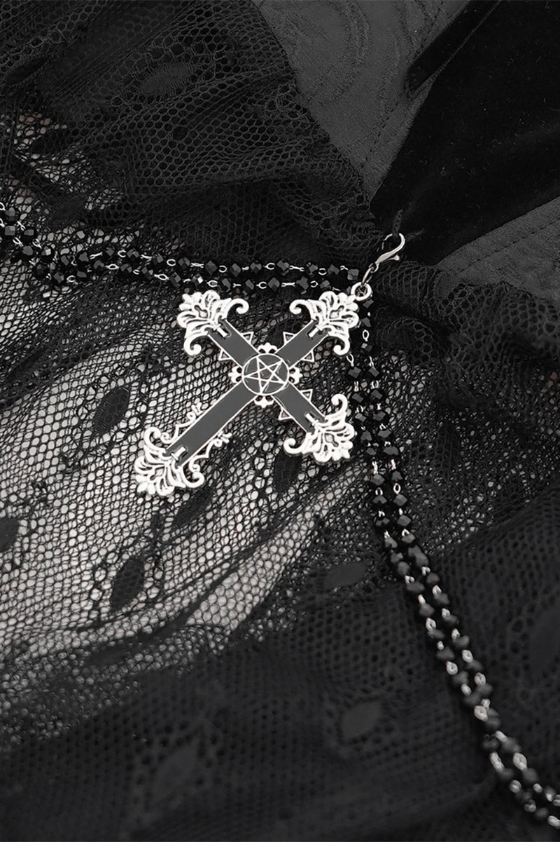 sweetheart neckline goth blouse with lace and gothic crosses