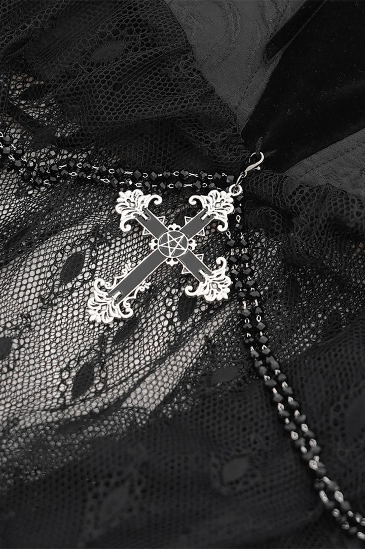 sweetheart neckline goth blouse with lace and gothic crosses