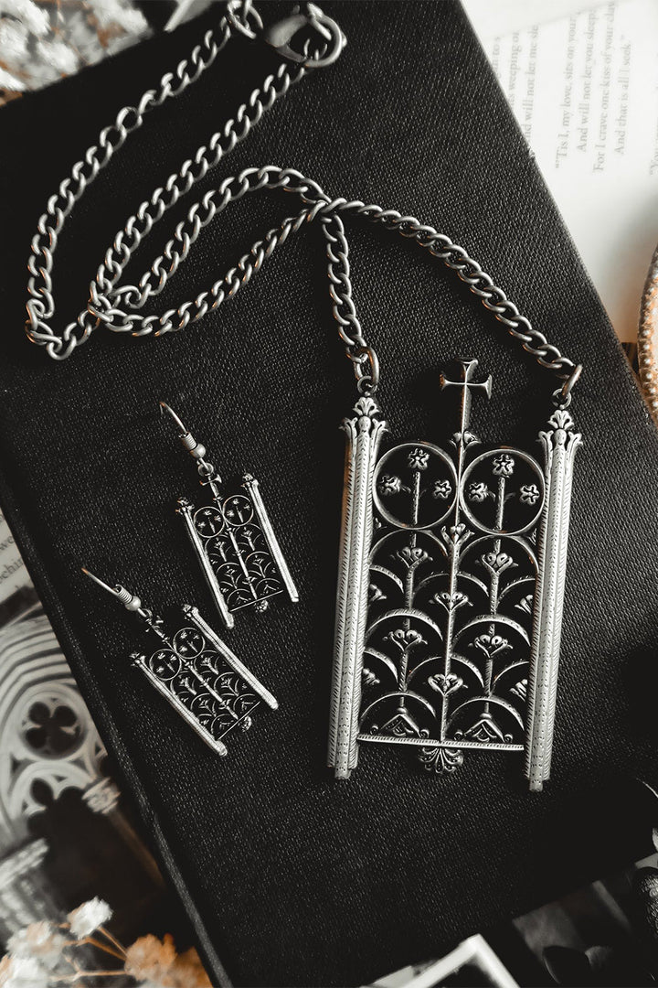 gothic silver earrings and matching necklace