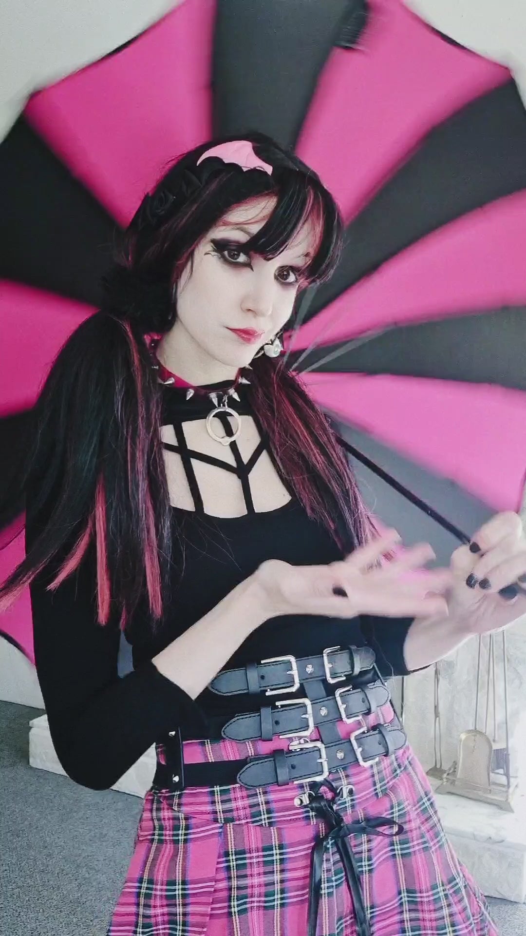 pastel goth girl using an emo  striped pagoda umbrella by vampirefreaks