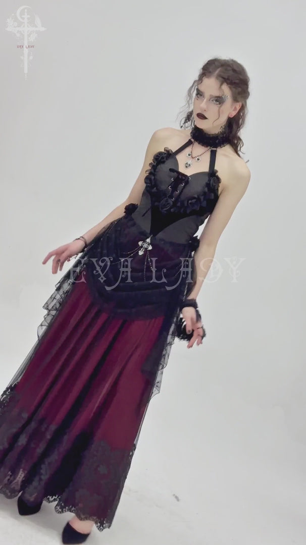 video of gothic woman vampire goth tank top with bustle skirt