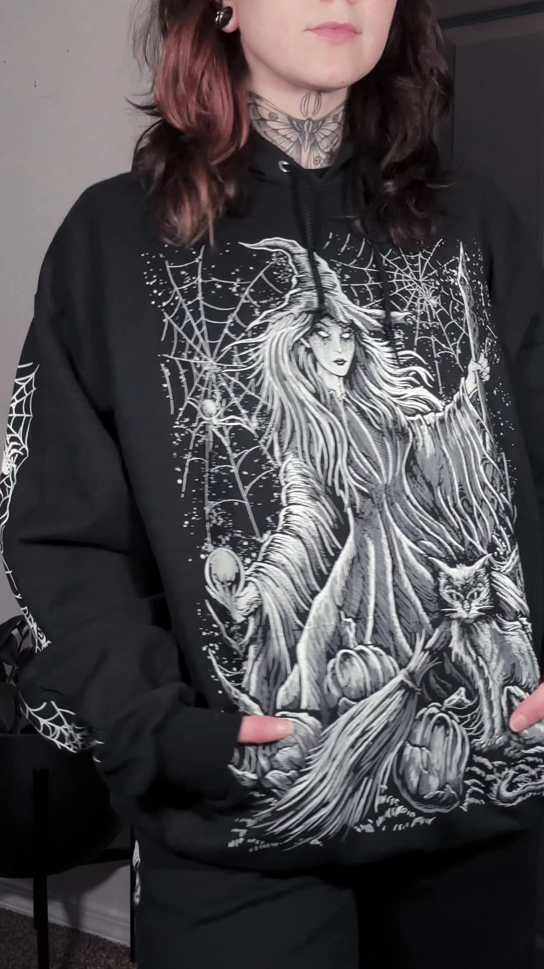 video of goth girl wearing witch black cat and broomstick hoodie jacket by vampirefreaks