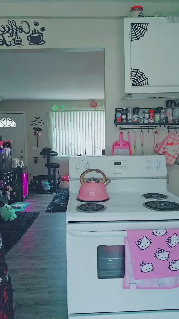 video of a gothic woman holding a skeleton cat purse, creepy plush toys, and using a gothic 3d halloween plush pillow