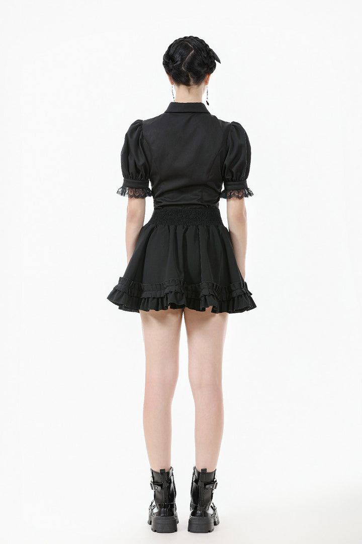 lace sleeve puffed princess shoulder blouse with collared neckline
