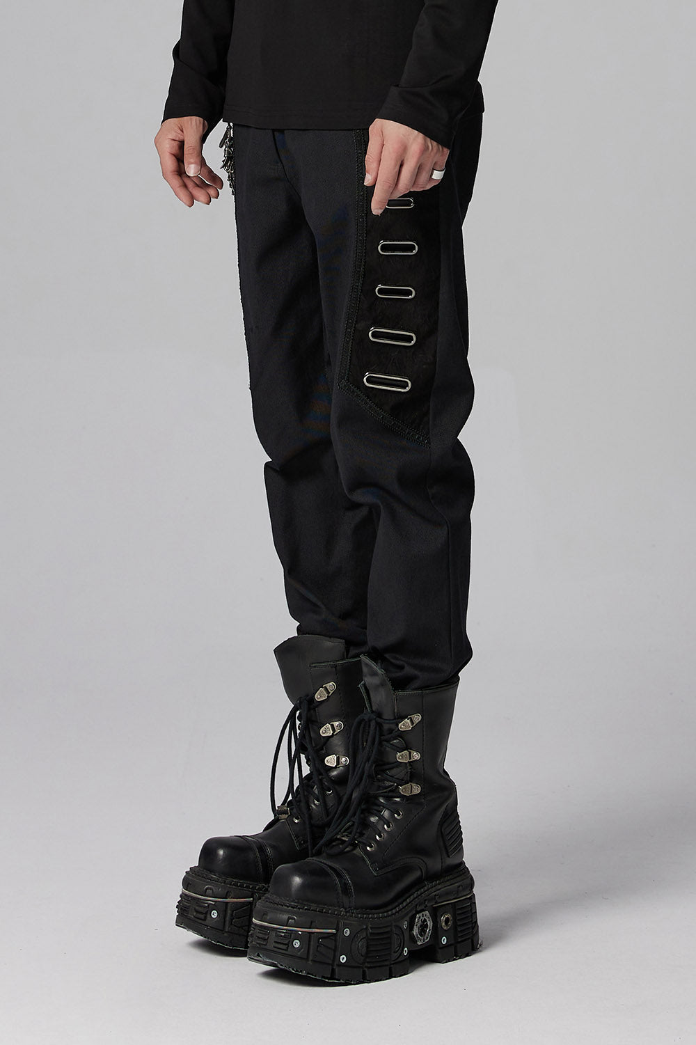 mens straight leg pants with metal hardware and eyelets