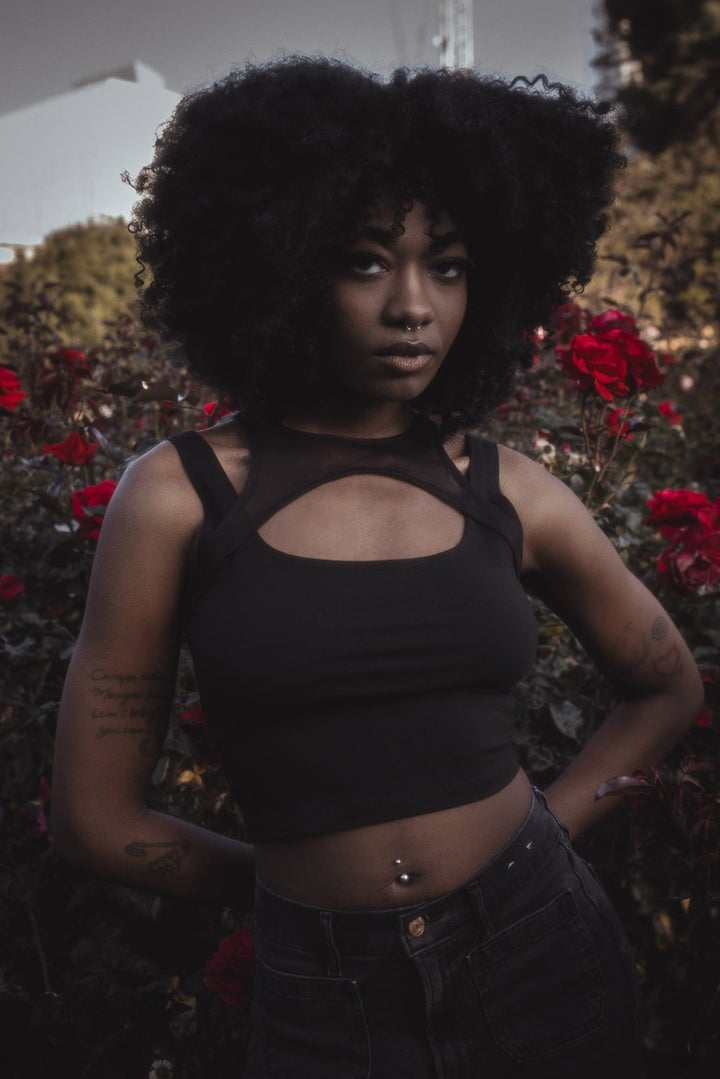 womens black mesh punk crop top