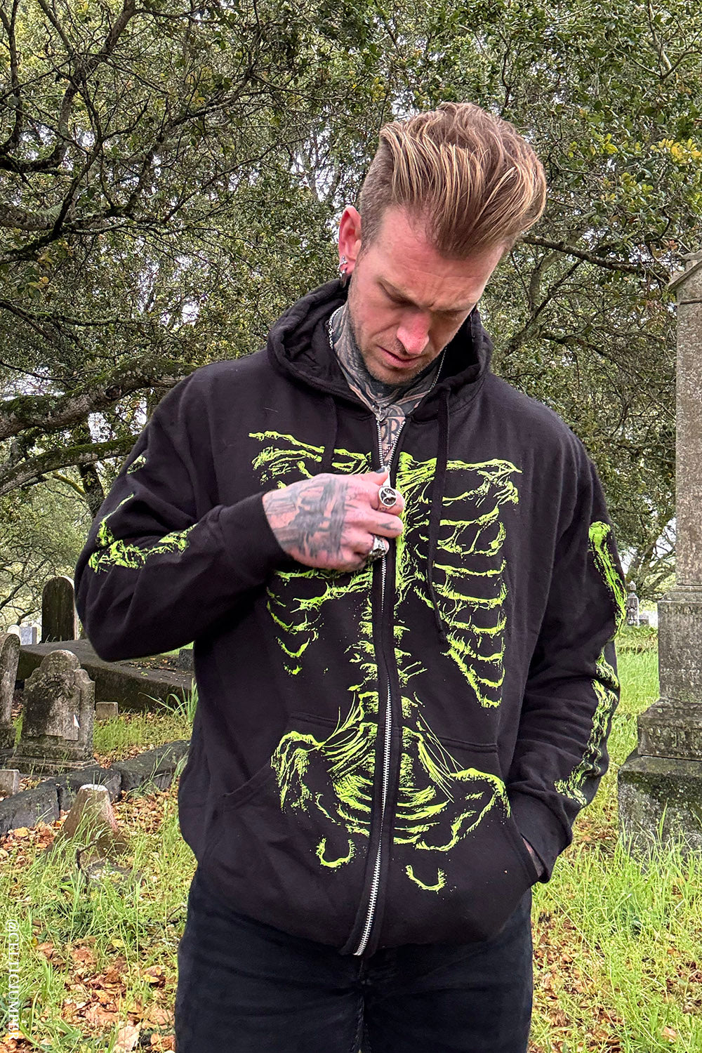 mens skeleton hoodie with bone sleeves