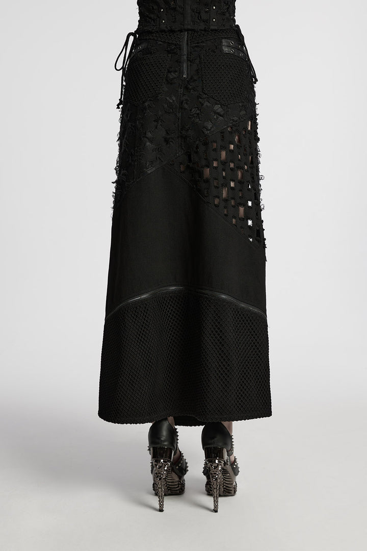 distressed long high low skirt