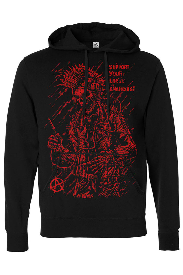 dark red and black punk rock skeleton hoodie