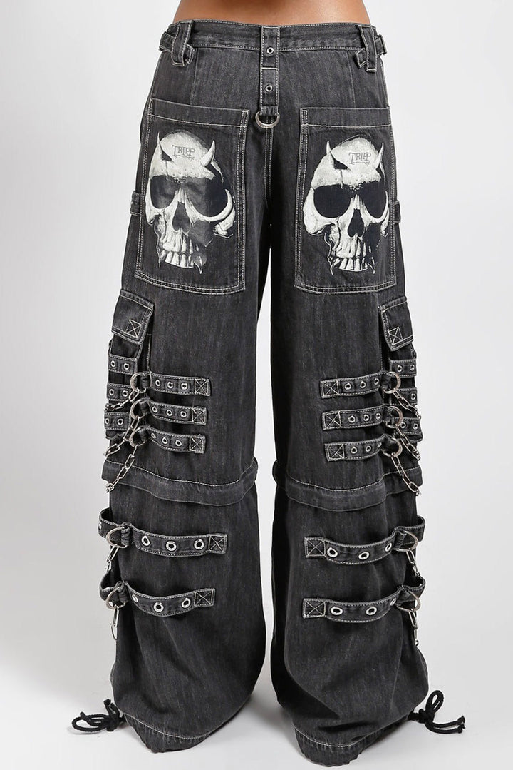 mens chain strap punk skull printed jeans