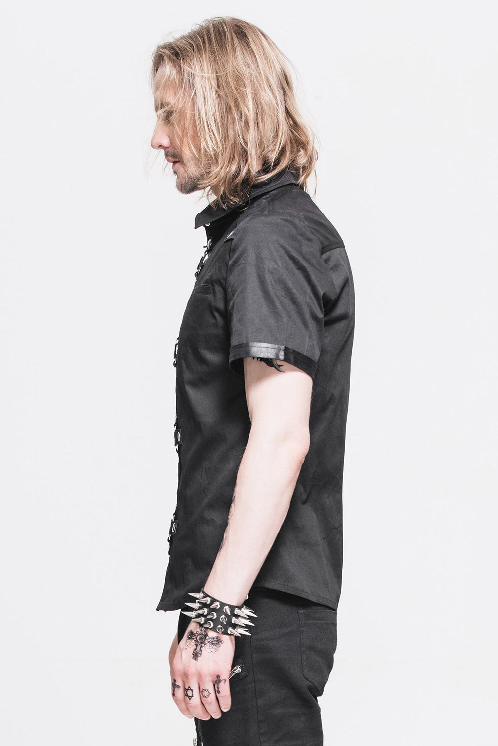mens gothic casual button up shirt with o ring hardware
