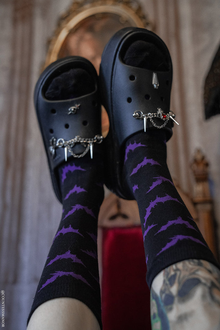 knitted back and purple bat socks