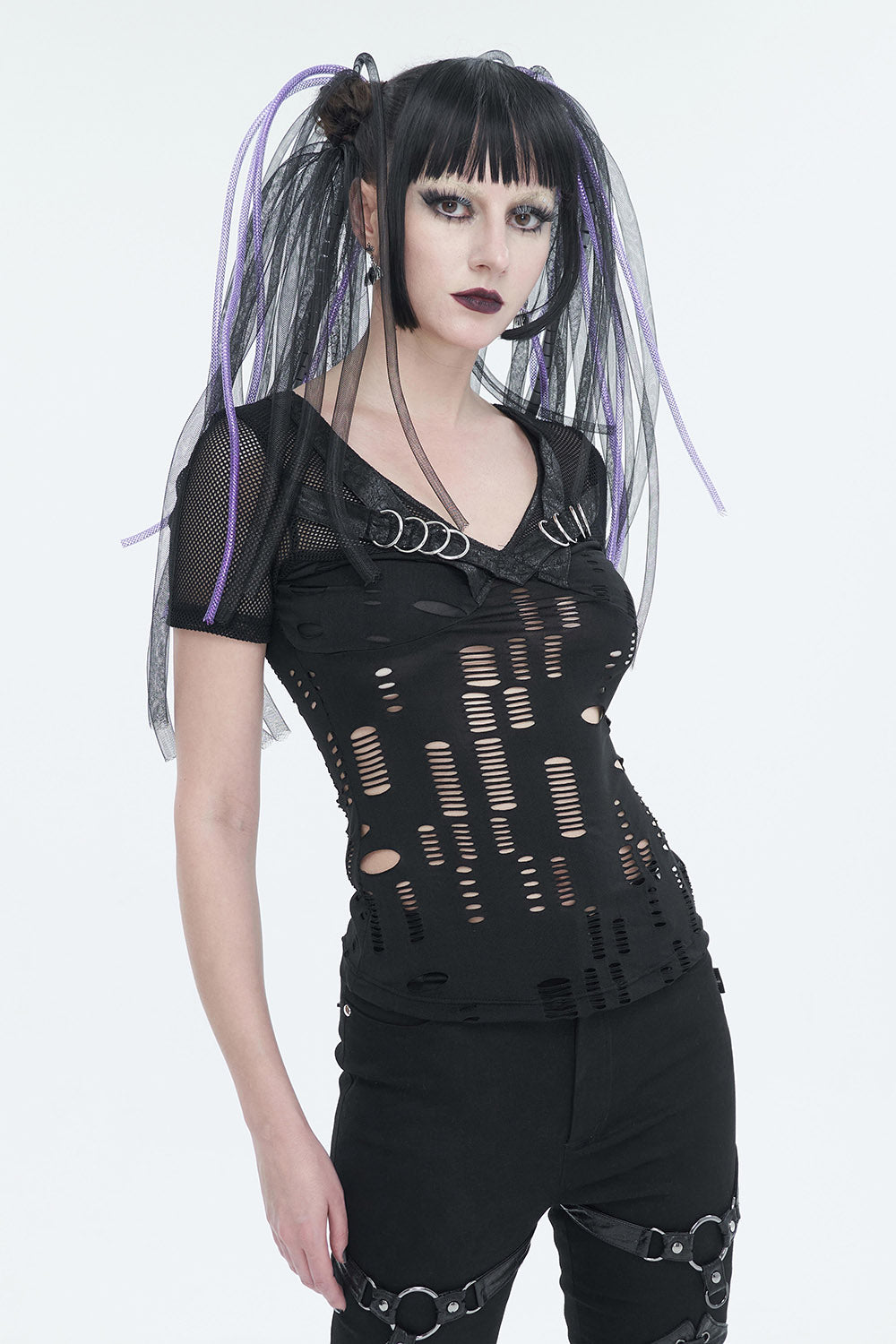 distressed fishnet sleeve short sleeve t-shirt