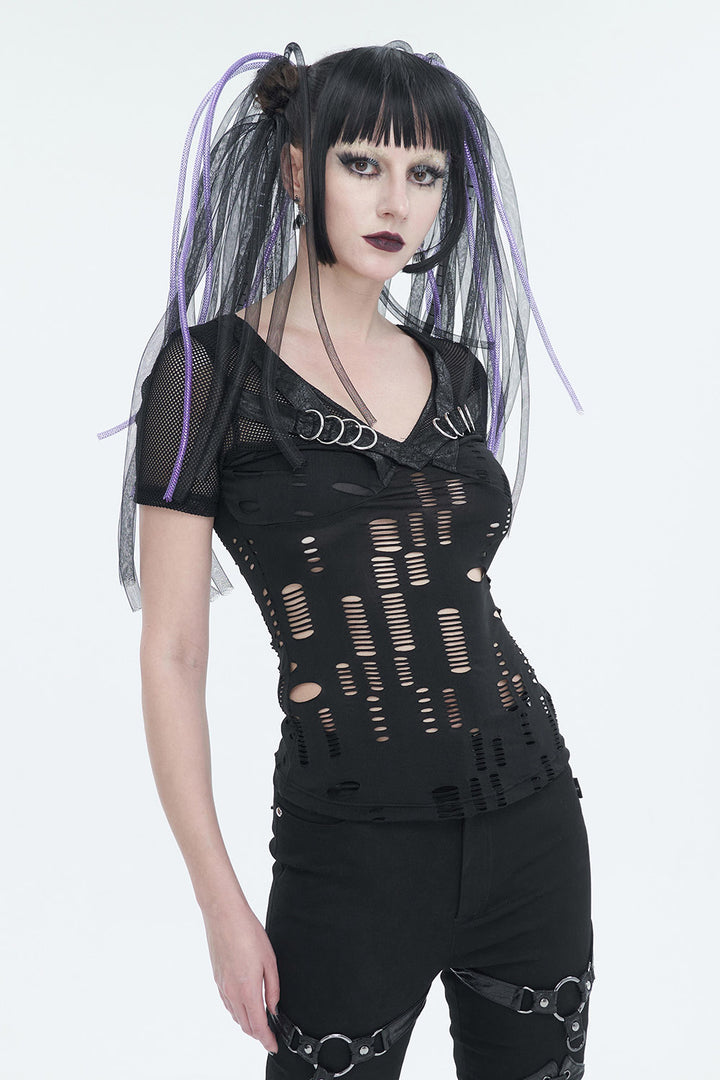 distressed fishnet sleeve short sleeve t-shirt