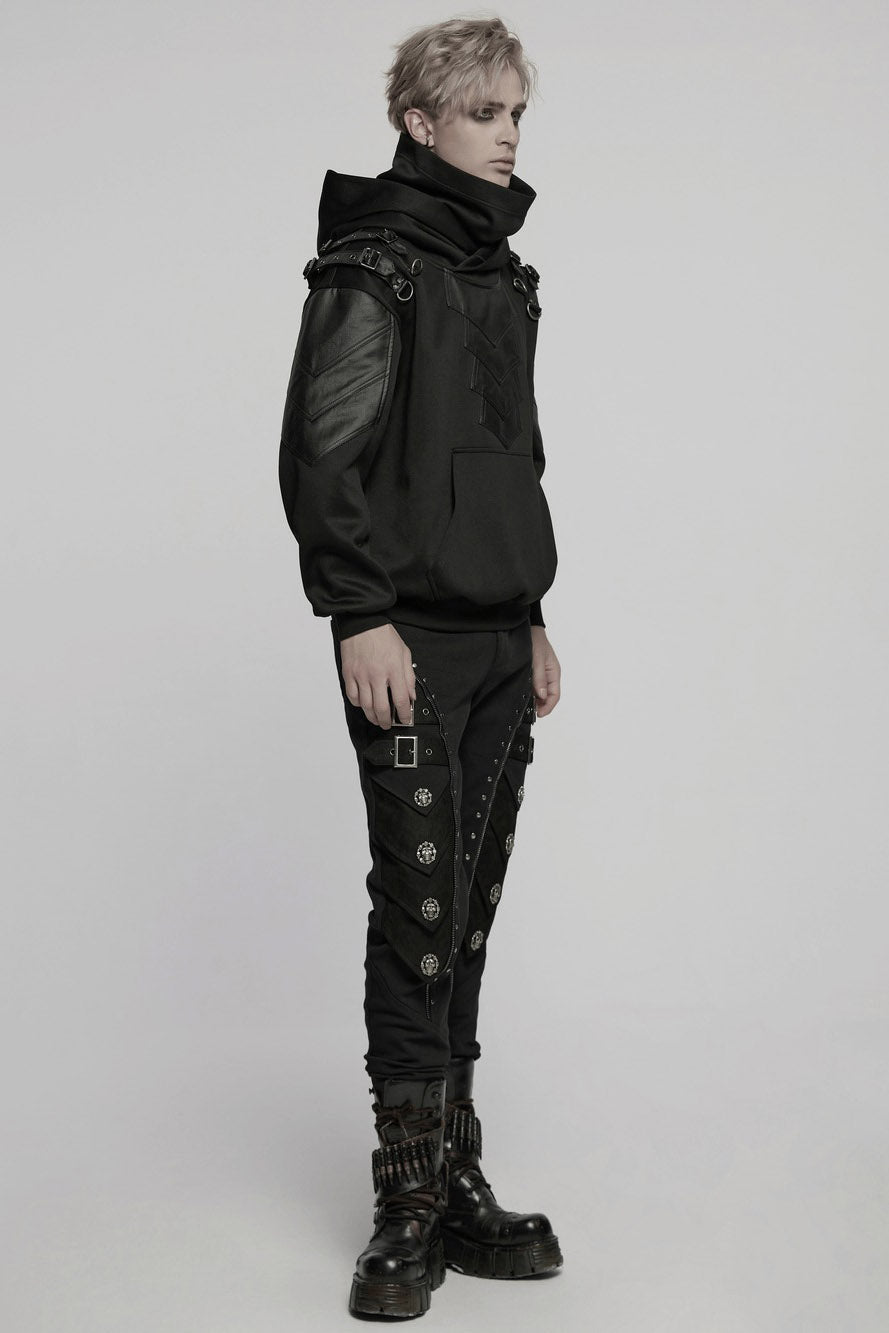 mens techwear vegan leather hooded coat