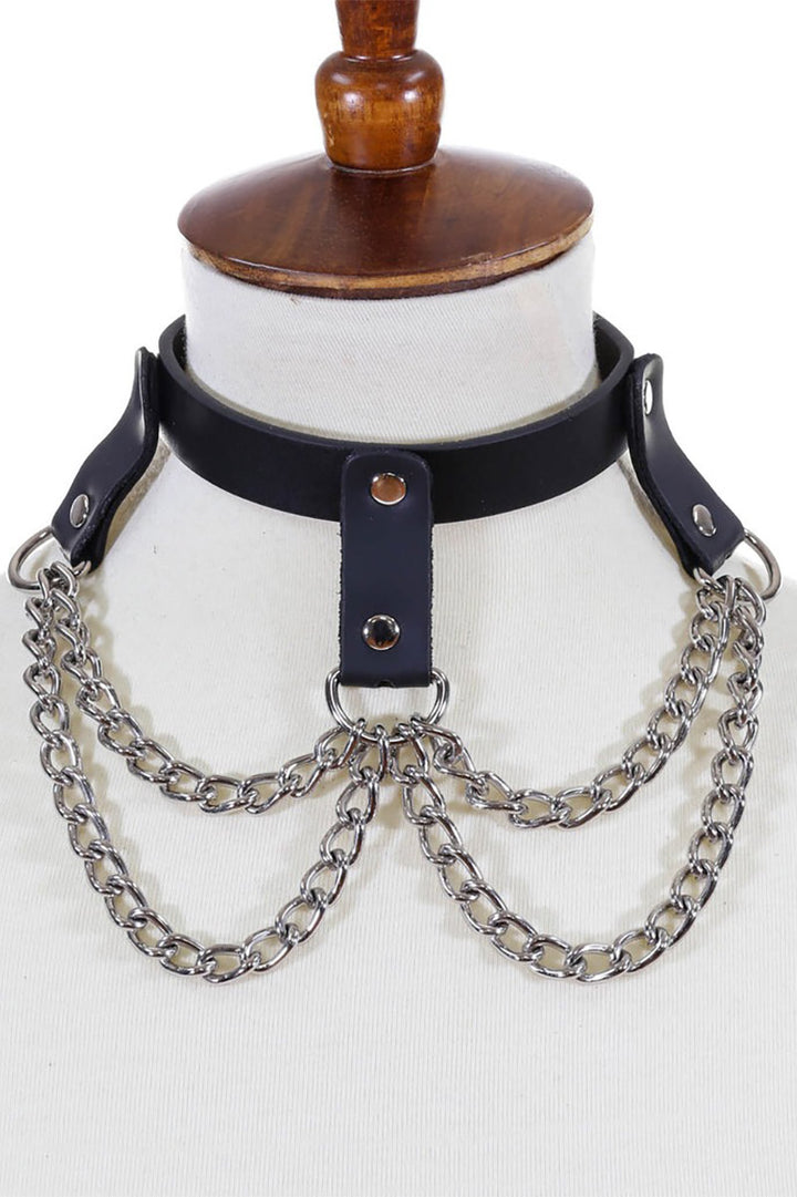 draped chain o-ring leather collar necklace