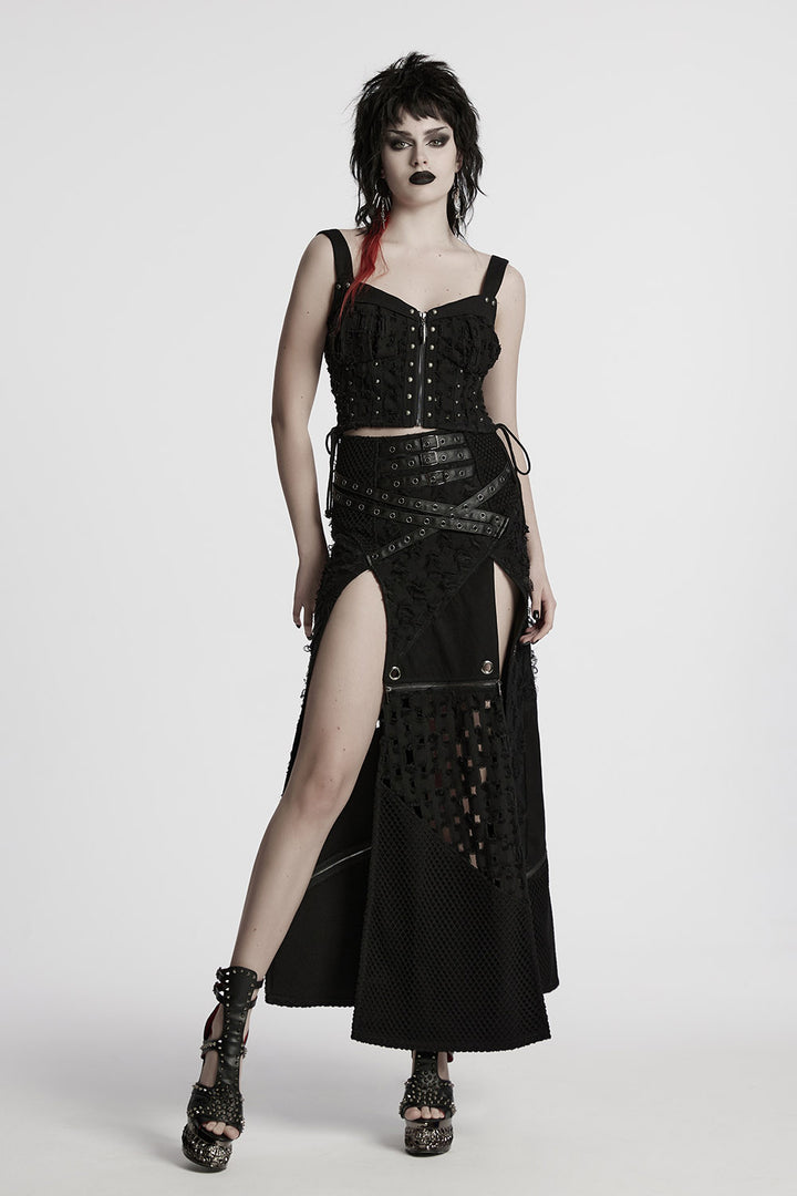 womens vegan leather leg slit eyelet studded skirt
