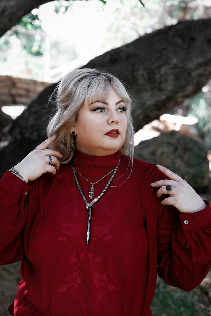high collar embroidered dark red blouse