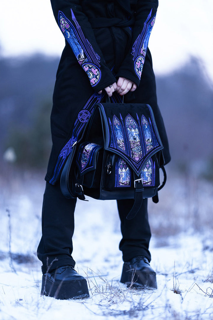 gothic embroidered black velvet backpack with buckle close