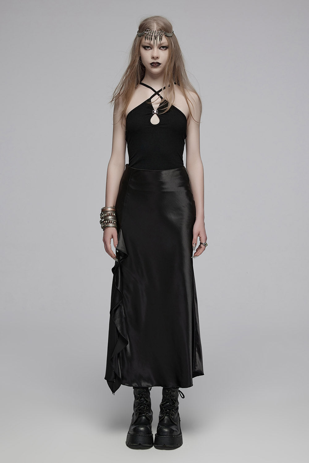 ruffled black satin skirt