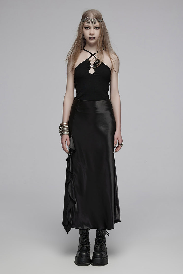 ruffled black satin skirt