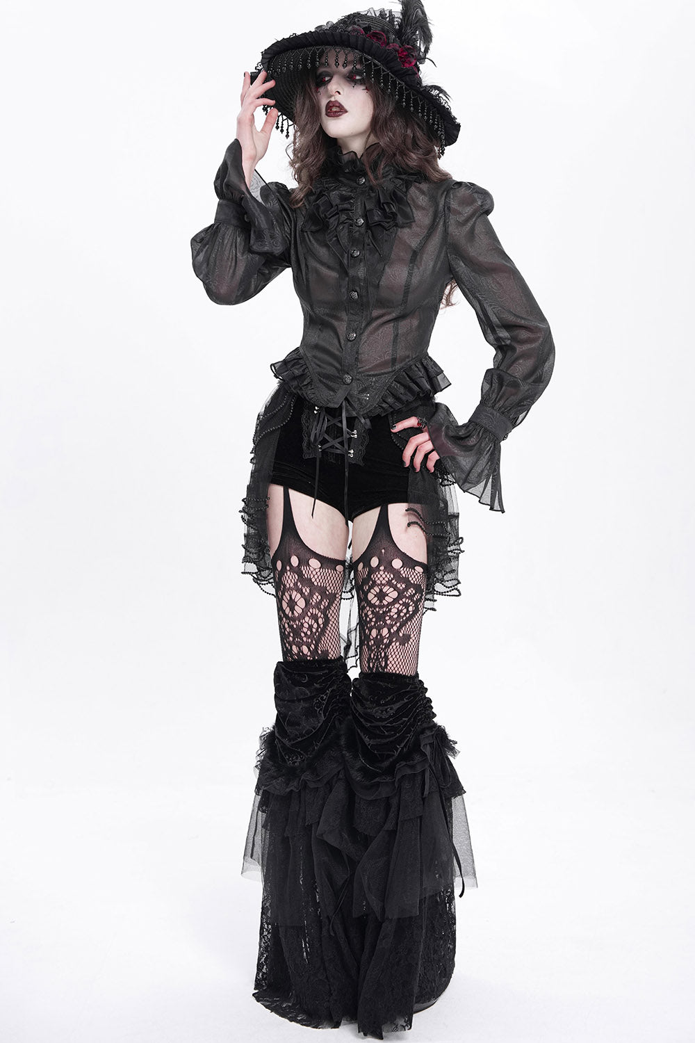 ruffled high neck collar swallowtail blouse