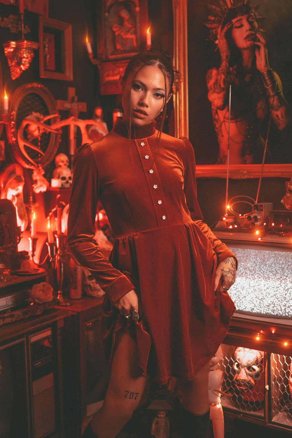 high collared vintage goth dress