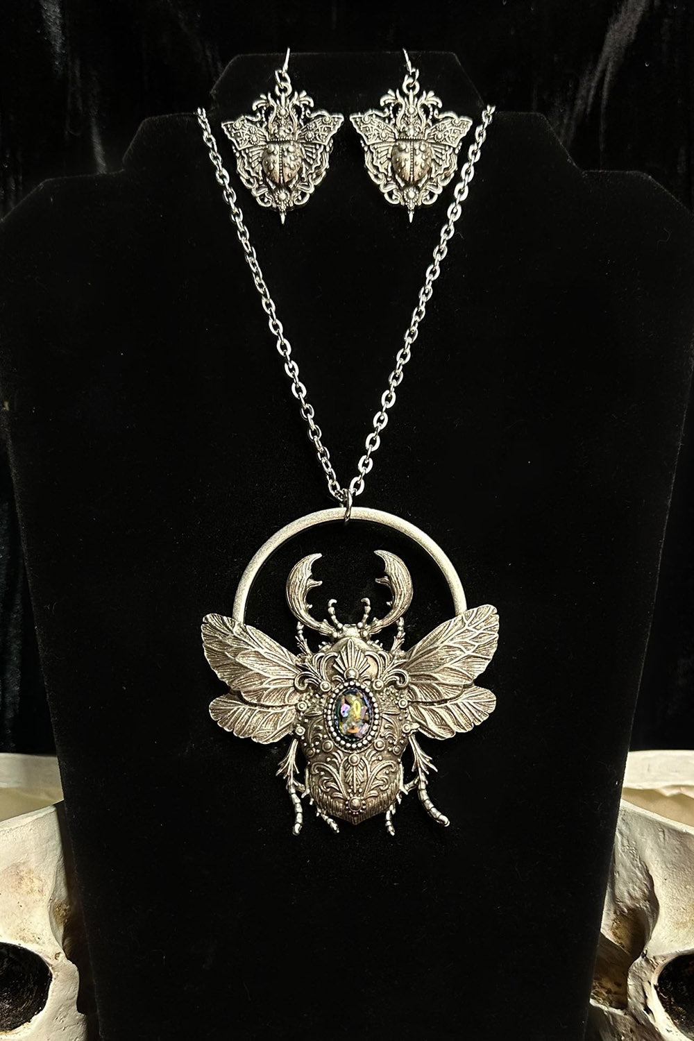 gothic long scarab necklace with gem