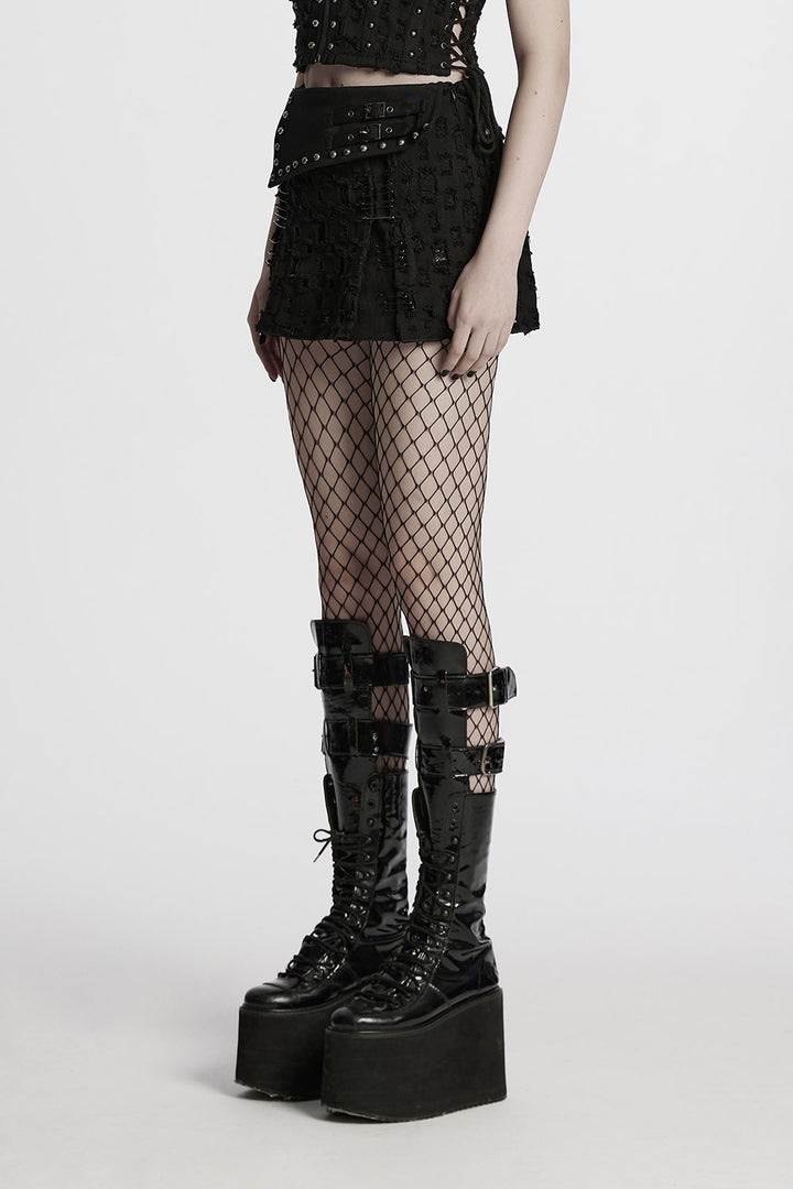 distressed studded skirt with safety pins