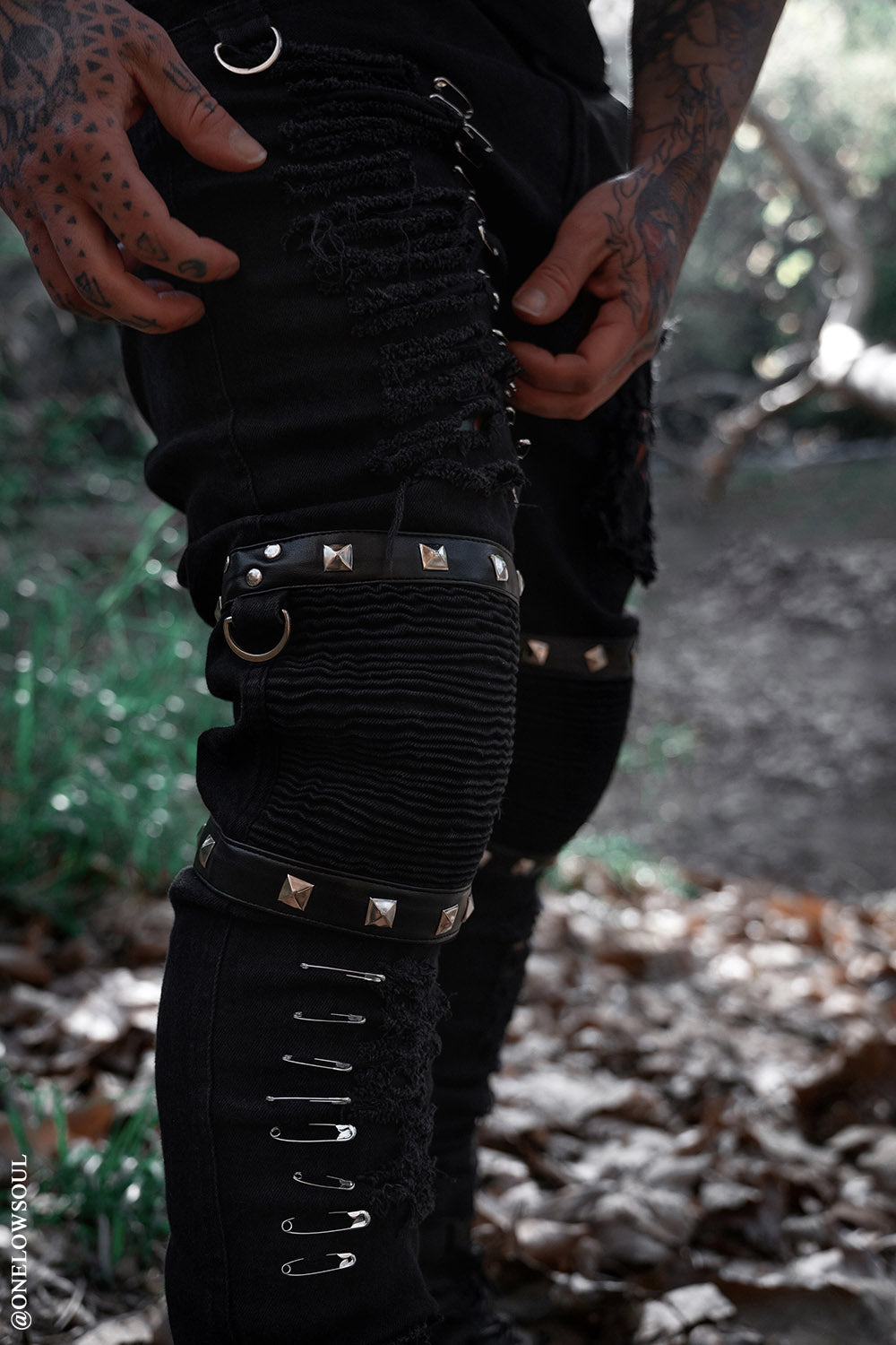 mens black punk pants with anarchy symbol