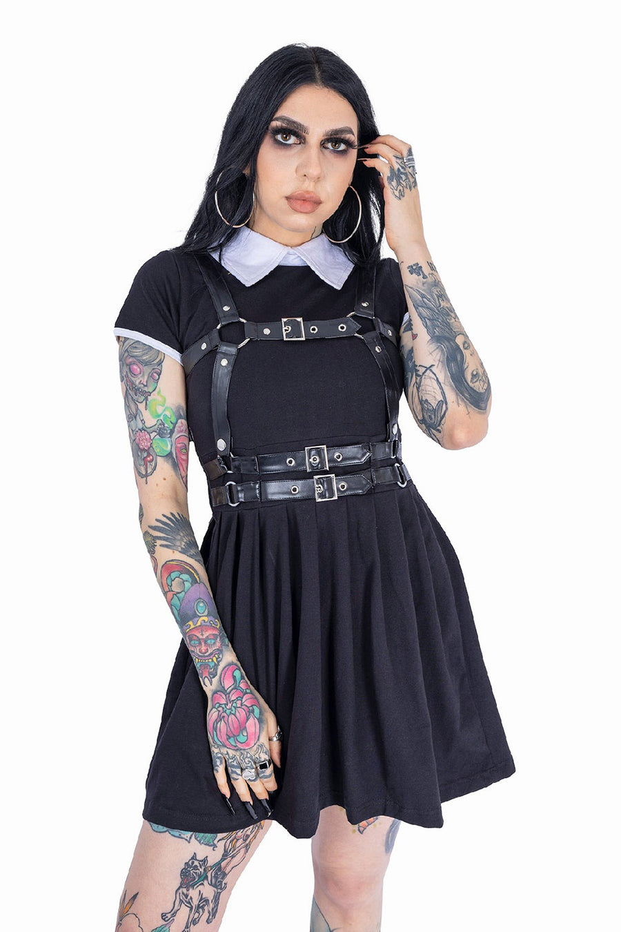 black dress with pointed white collar