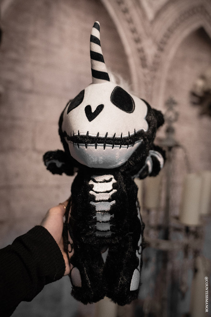emo black and white skeleton horse plush toy with unicorn horn