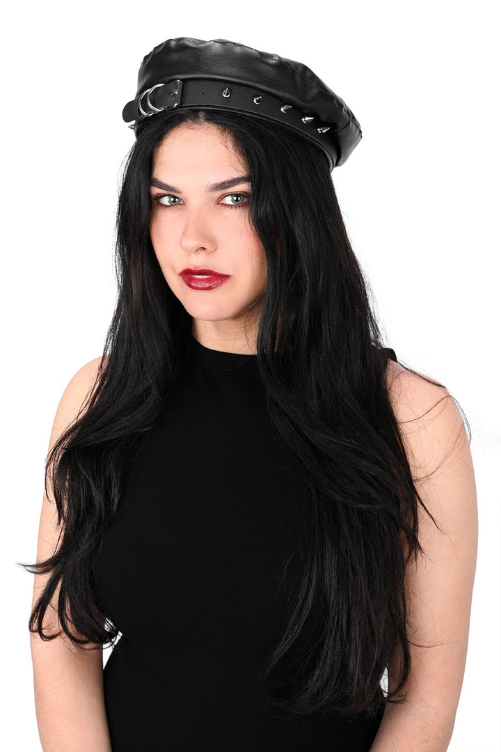 gothic vegan leather studded spike beret cap