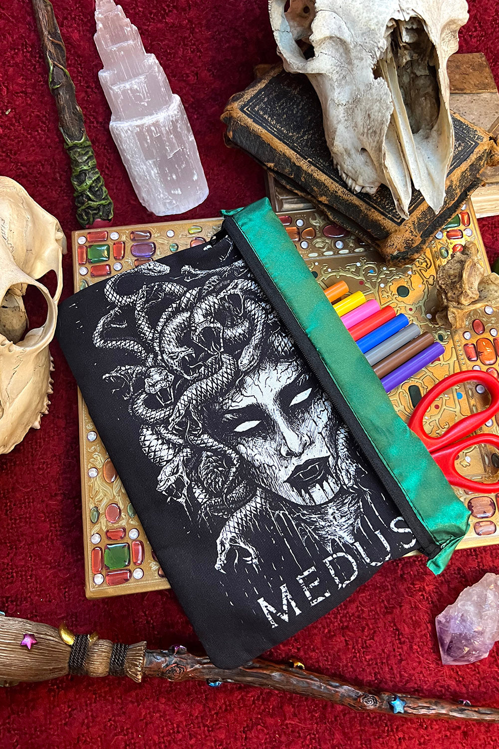 horror zippered pouch with medusa art on front and bacl