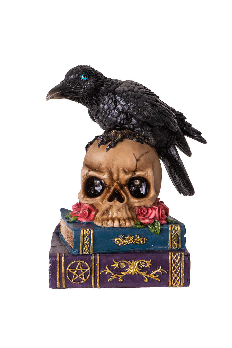raven sitting on skull statue