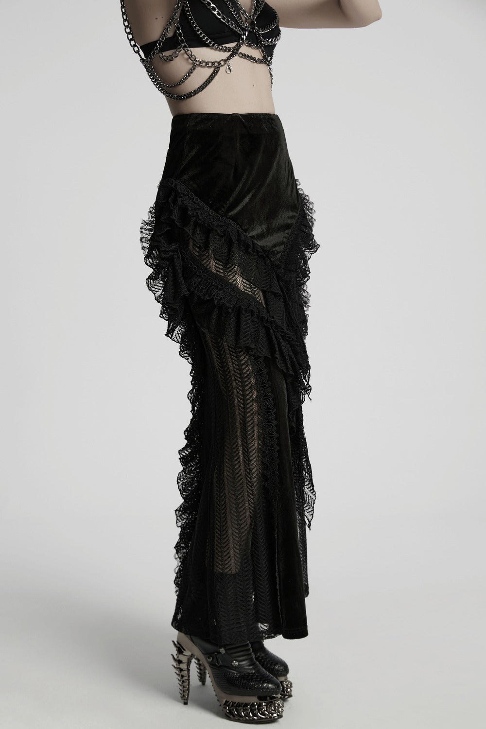 black high waisted gothic skirt with ruffles and lace