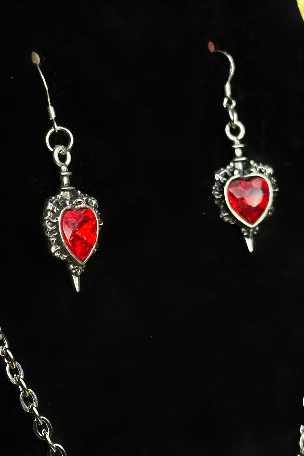 red heart shaped medieval goth earrings