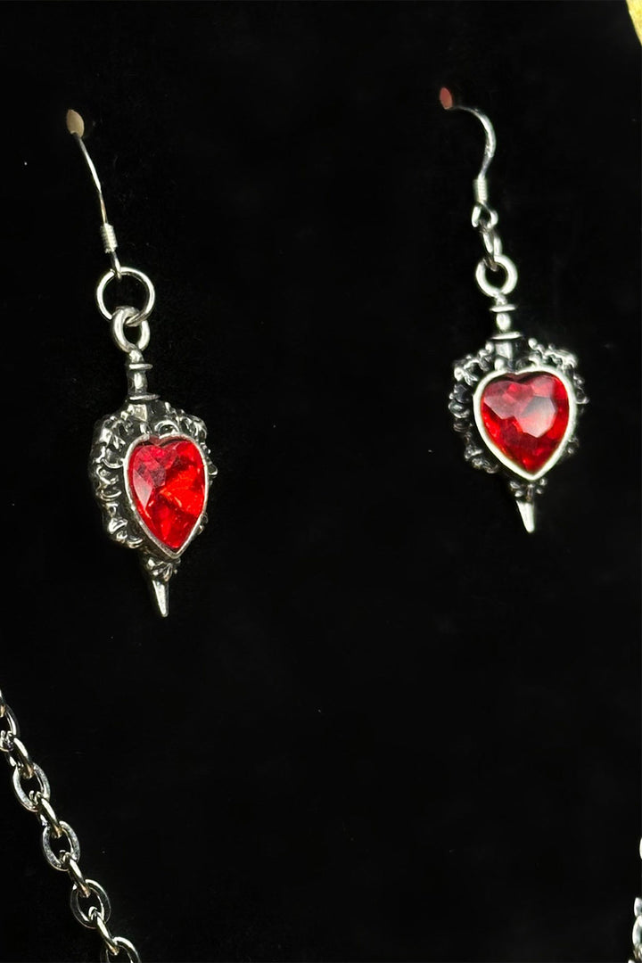 red heart shaped medieval goth earrings