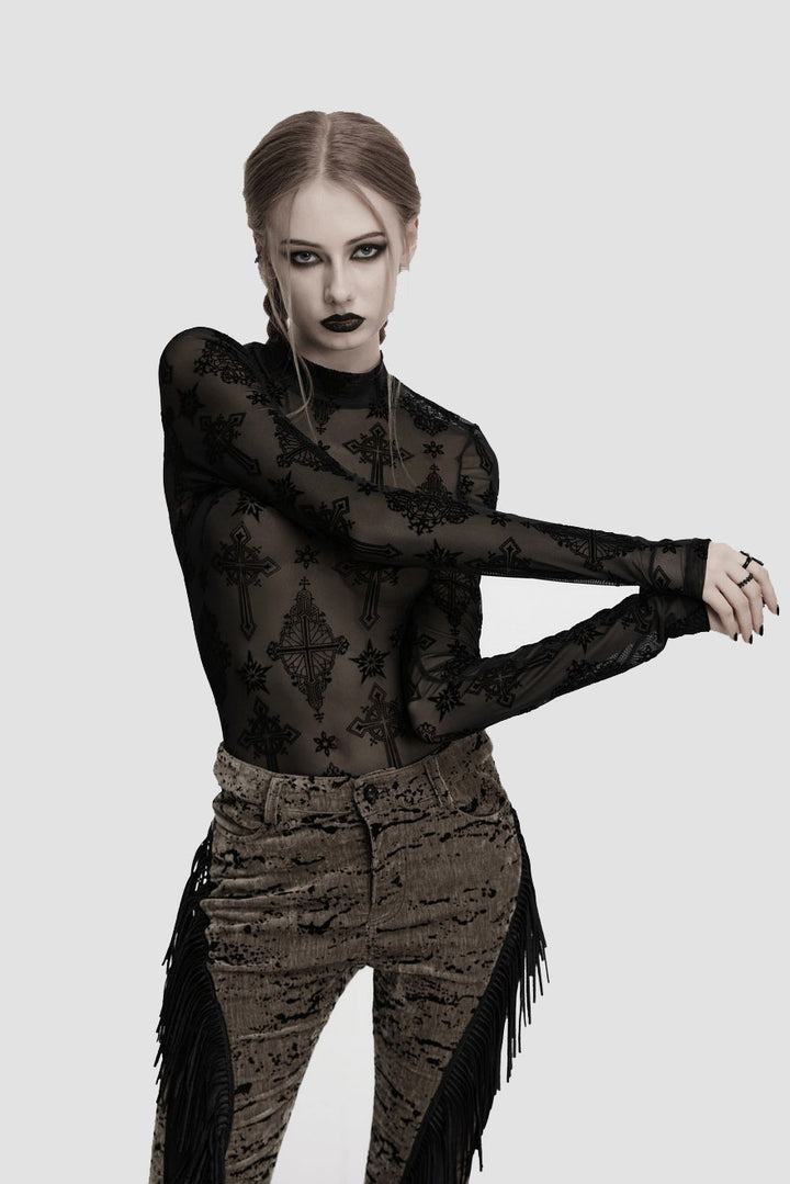 opaque gothic cross pattern sheer long sleeve shirt for women