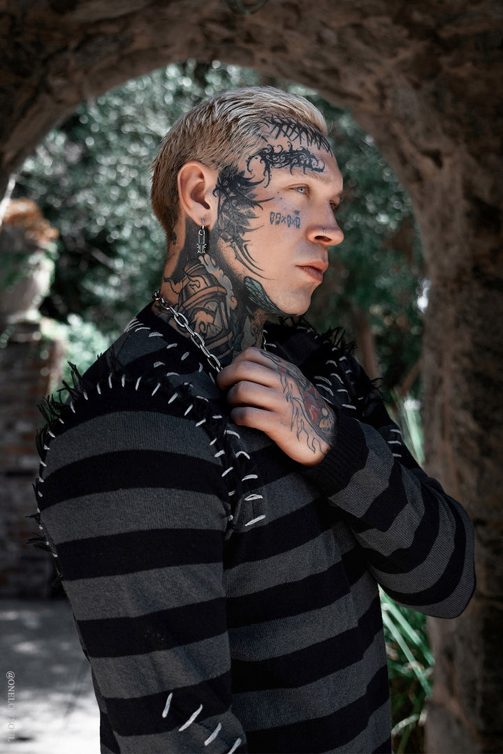 black and grey knitted stripe sweater top