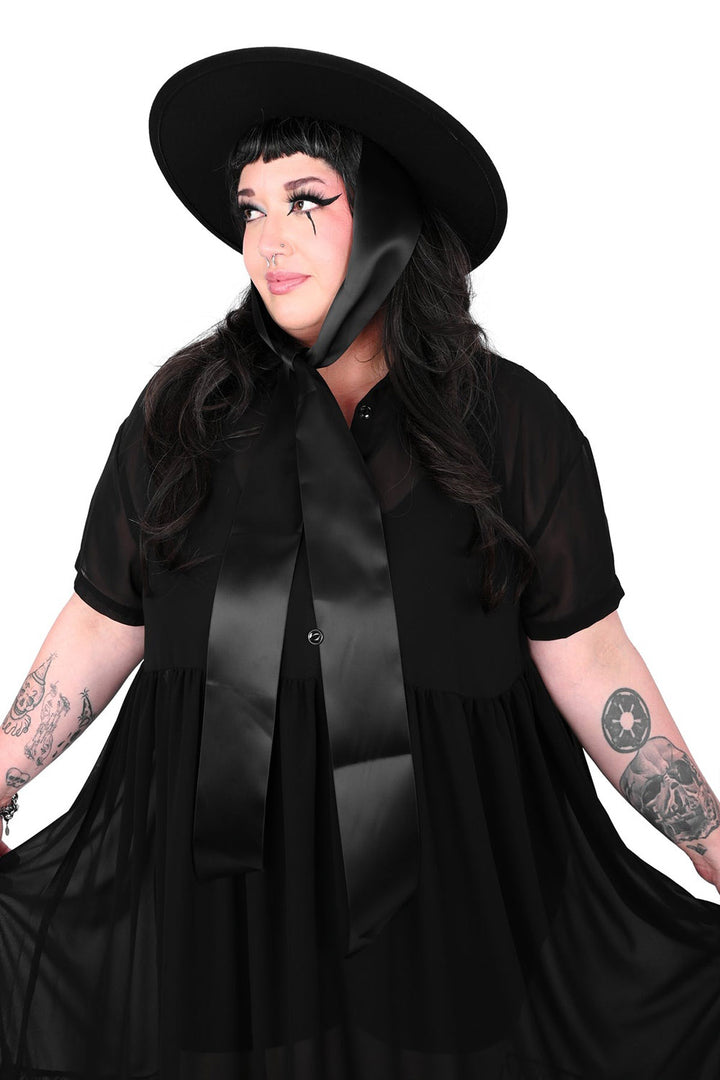 wide ribbon tie around your chin goth hat